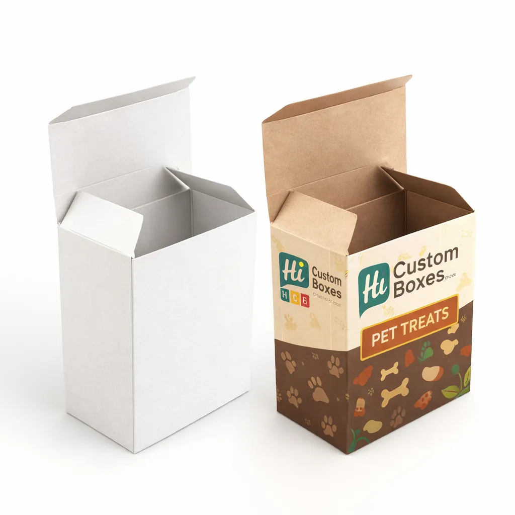 Two premium flip-top magnetic boxes, one blank white and one featuring elegant orange pet snack branding.